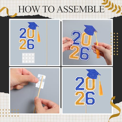 Image of 10 Pcs Graduation Table Centerpieces Sticks with Tassels, class of 2026 Grad Cap Picks Table Decoration Cupcake Toppers for Party Centerpiece Decoration Supplies(Blue and Gold)