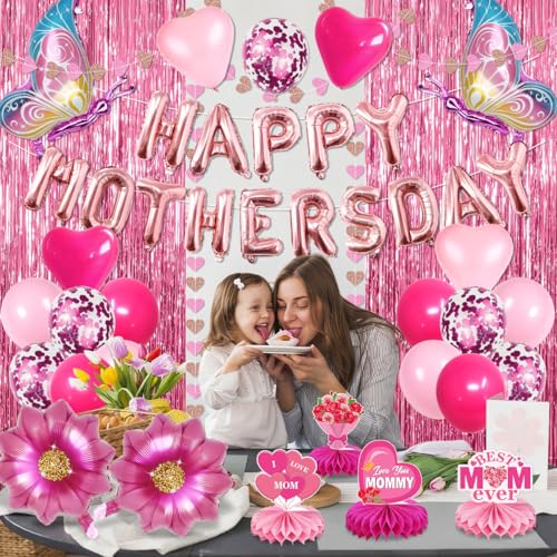 Image of Mothers Day Decorations,63PCS Happy Mothers Day Balloons and Flower Heart Balloons,Fringe Curtains,Best Mom Ever Honeycomb Centerpieces for Girls Women Mom Party Supplies Celebrating Ladies Decor