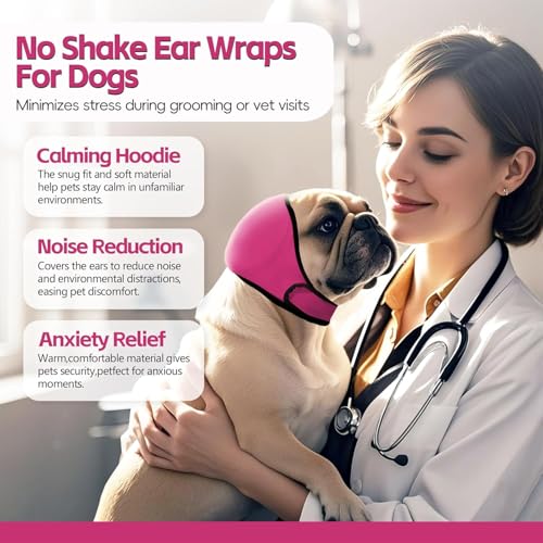 Image of Dog Calm Hoodie Ear Wraps for Dogs, Waterproof Dog Swim Cap, Ear Cover Muffs for Anxiety Relief Noise Cancelling, Dog Head Warp Ear Protection for Hematoma Fireworks Bath Swim Blow Drying(L,Rose Redd)