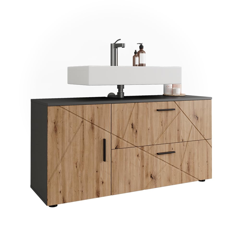 Vicco Waschbeckenunterschrank Irma, Anthrazit/Goldkraft Eiche, 120.1 x 60.6 cm mit 2 Schubladen und 1 Tür, geeignet für handelsübliche Waschtische mit Siphonausschnitt
