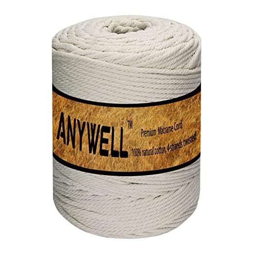 ANYWELL 3-6mm Macrame Cord 5mm x 300yard, Cotton Cord, Macrame Rope, Corde Macramé, Not Dyed, Handmade Soft 4-Strand Twisted Cotton Rope, Wall Hanging, Plant Hanger, DIY Craft Making, Knitting