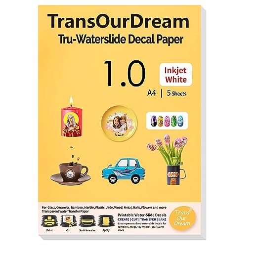 TransOurDream Water Slide Decal Paper for Inkjet Printer WHITE (5 Sheets, A4 Size) Transparent Waterslide Transfer Paper Printable Waterslide Paper for Tumblers, Mugs, Glasses