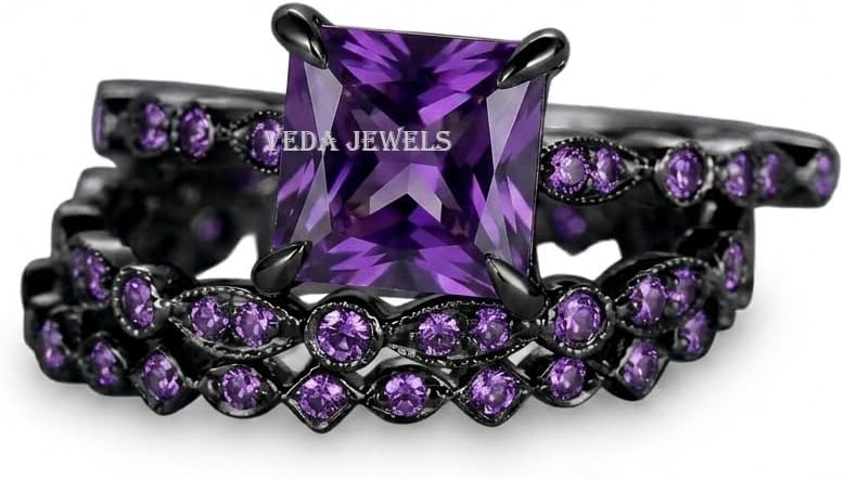 Gothic Princess Cut Amethyst Purple Bridal Set 2-Piece Black Gold Plated 925 Sterling Silver Engagement Ring with Filigree Matching Band for Her