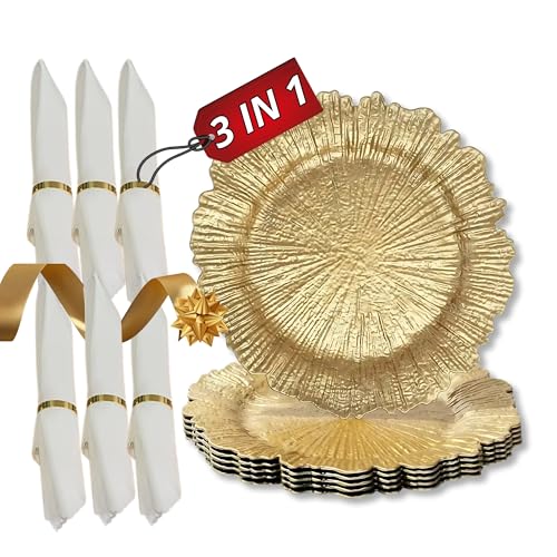 Set de 6 platos cargadores de plástico dorados con servilletas y anillos miniatura 1
