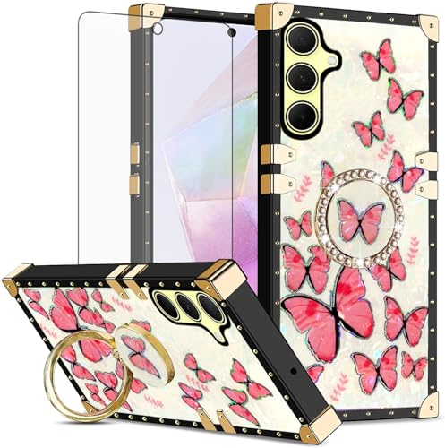 Coque Samsung A54 5G antichoc rose avec protège-écran verre et anneau papillon