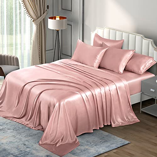 Pothuiny Luxury Silky Satin Bed Sheets King - 6 Piece Set, Extra Soft, Champagne