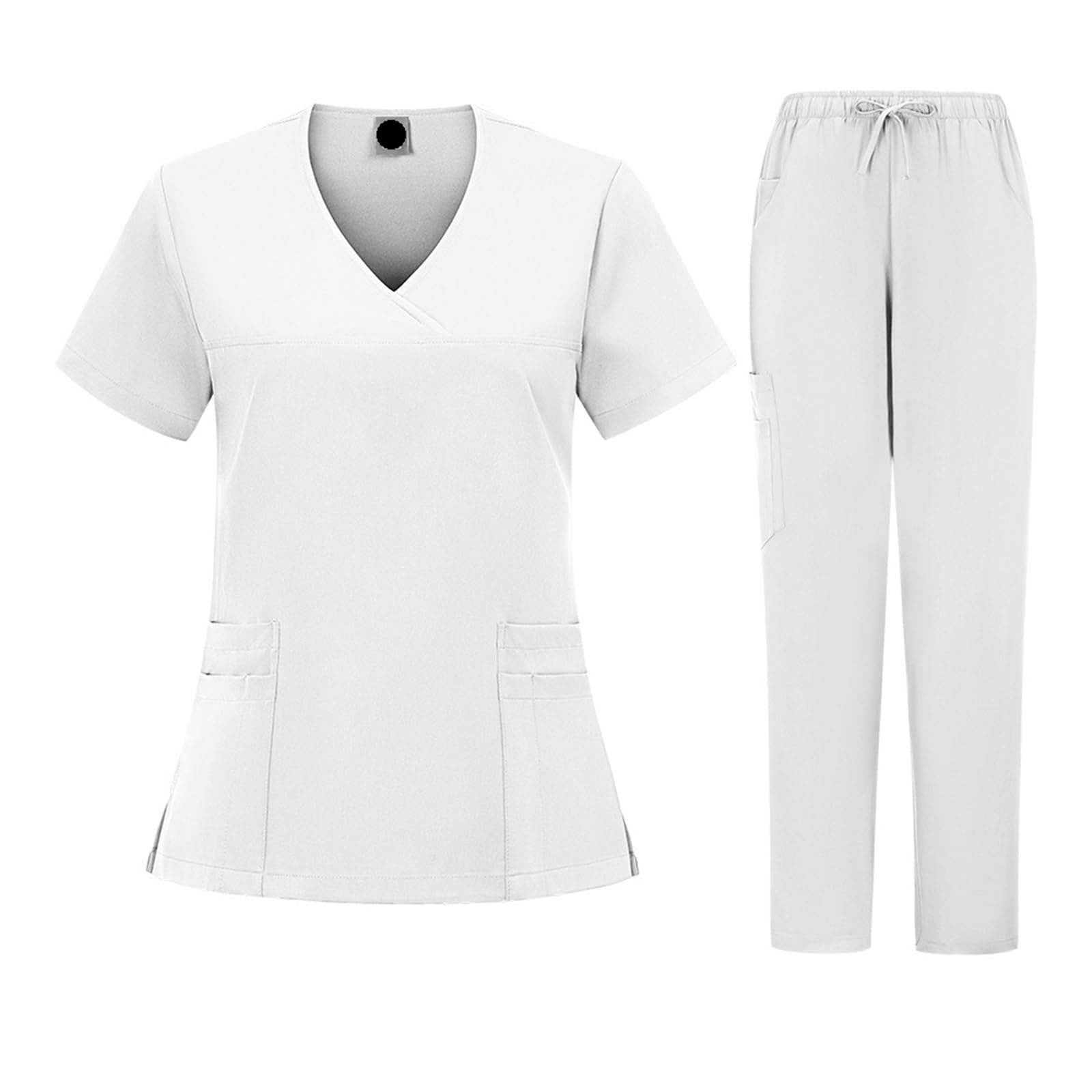 AHUFGN Nurse Scrubs Women Plus Size Scrubs Set Women Medical Nurse Uniforms Stand Neck V-cut Scrub Top Jogger Pants Vet(White,XL)