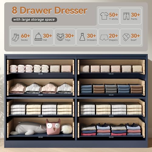 Image of Blue Fluted Dresser Bedroom with 8 Drawer,55 inch Wide White Double Drawer Dresser Modern Chest of Drawers with Gold Handles,Wood TV Stand for Bedroom,Living Room (Blue, 8 Drawer Dresser)