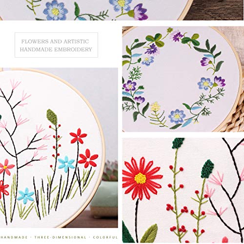 2 Pack Embroidery Starter Kit, Cross Stitch Kit Embroidery Kit for Beginners with Plants Flowers Pattern, Plastic Embroidery Hoops, Color Threads and Tools Kit