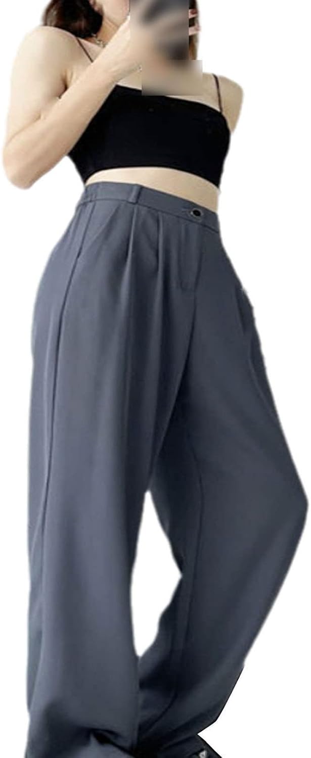 Kelsiop Wide-Leg Pants Women's Fashion Straight-Leg Pants Trousers Office Workers Solid Color High-Waisted Pants