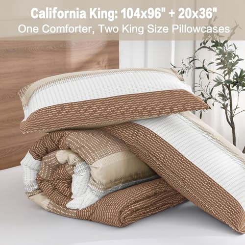 Litanika Beige California King Comforter Set, 3 Pieces Cal King Lightweight Taupe Khaki White Colorblock Stripe Bedding Comforter Sets, Fluffy Bed Set
