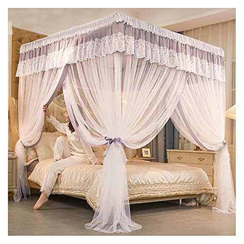Toldo de cama con 4 pósteres para niñas, mosquitera de encaje bordado con soporte de metal, toldo opaco tamaño King para dormitorio