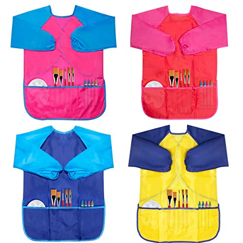 Image of BAHABY Kids Art Smocks 4 Pack Painting Apron Waterproof Artist Smock with Long Sleeve and 3 Pockets for Age 3-8 Years
