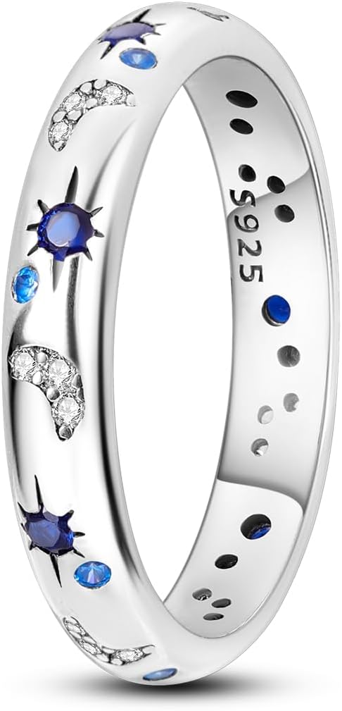 925 Sterling Silver Moon Star Stackable Ring for Women Size L/1-T1/2