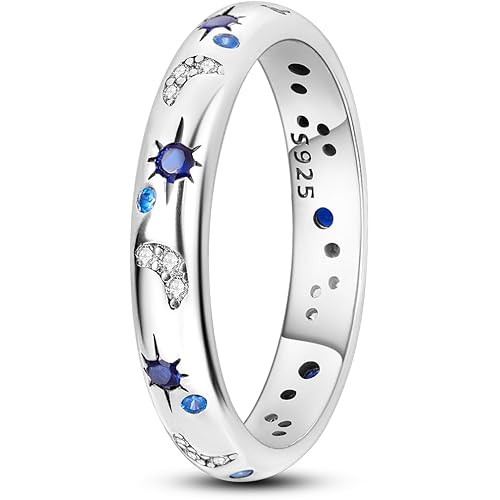 NARMO 925 Ring for Women Sterling Silver Blue Moon and Star Rings Cubic Zirconia Stackable Ring Size 6-9