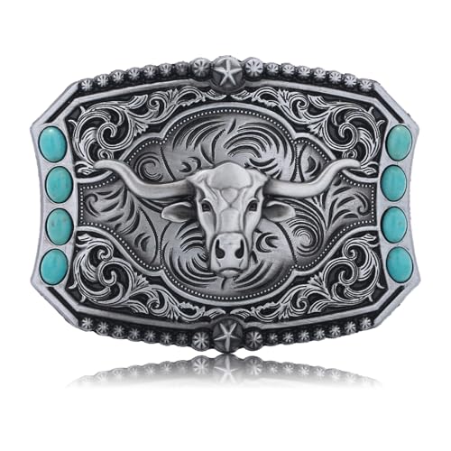Image of Turquoise Belt Buckle for Men Western Cowboy Rodeo Longhorn Belt Buckle