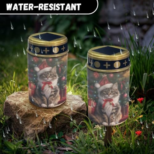 Image of 2 Pcs Christmas Cat Solar Light for Gravestone | Xmas grave lights cemetery decor, waterproof flameless candles for grave memorial gift, outdoor use