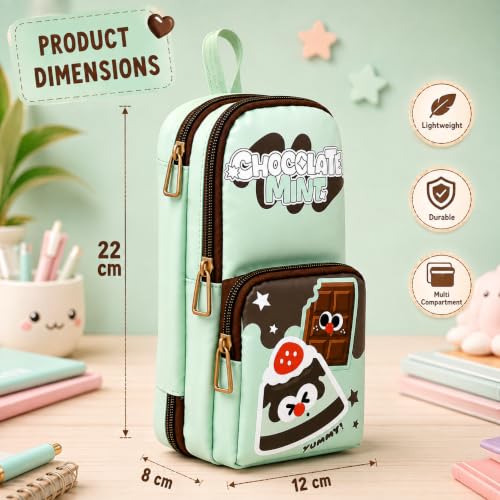 Image of Alokik 3 Compartment Pencil Pouch for Kids, Cute Cartoon School Pencil Case with Multiple Zipper Compartments, Stationery Organizer Bag for Boys & Girls, Portable Pen & Pencil Storage(Chocolate Mint)