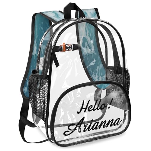 Beach Watercolor Blue Sea Personalized Small Clear Backpack Heavy Duty for Stadium Approved Custom Ocean Nature Scenery PVC Transparent Backpack with Name See Through Bag for Concerts2