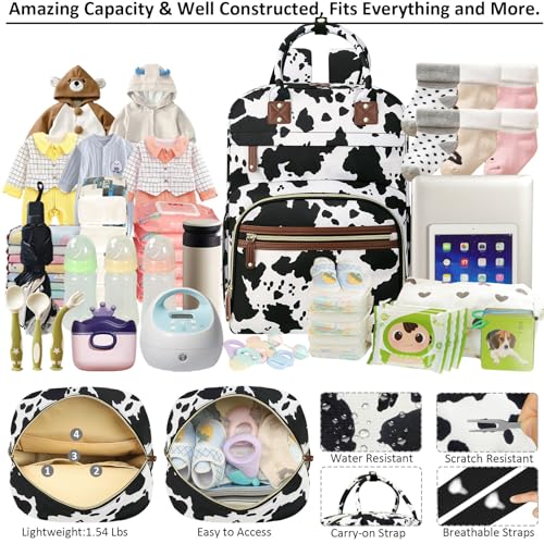 Image of Tenot Large Capacity Baby Diaper Bag Backpack with Insulated Pockets, Waterproof, Stylish Cow Print Design, Suitable for Boys and Girls