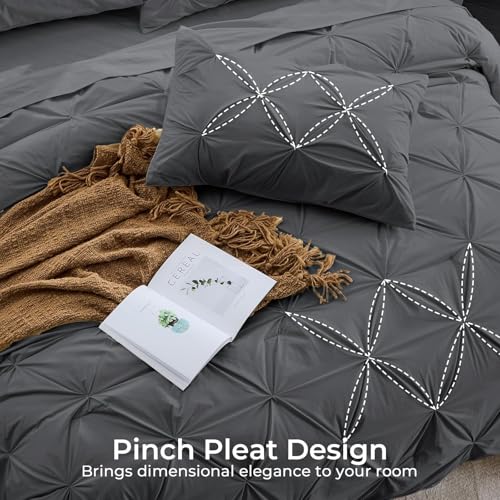 Image of Sasttie King Size Comforter Set, 7-Piece Bed in a Bag, Pintuck Bedding Sets for All Season, Includes Comforter, Flat Sheet, Fitted Sheet, Pillowcases and Pillowshams, Dark Grey