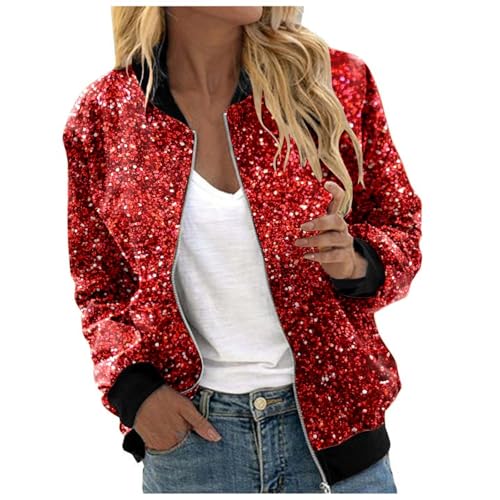 Chaqueta brillante para mujer, chaqueta de lentejuelas ajustada, chaqueta de lentejuelas para mujer, elegante, chaqueta bomber, manga larga, chaqueta brillante, cremallera frontal, chaqueta festiva