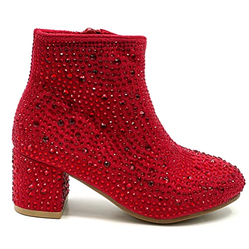 Forever Girls Rhinestone Boots Kids Low Heel Dress Booties Iceberg-12K Shoes Red Rhinestone 14
