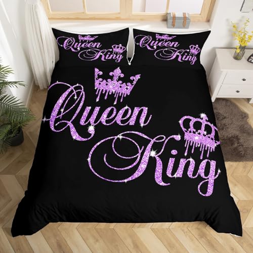 Homemissing Crown Queen and King Couple Duvet Cover Set His and Hers Bedding Set for Teens Women Men Black Purple Double Size,Lover Romantic Valentine'S Day Decorations Bedspread Cover (No Glitter)