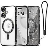 Meifigno iPhone 16 ケース 6.1インチ用にデザインされた、[グリッターカード&リストストラップ] [MagSafe対応] フルレンズ保護 16ケース用、ブラックチタン