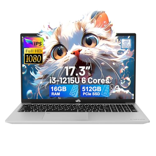 NIMO 17.3" IPS FHD-Laptop, Intel 6 Cores i3-1215U 16GB RAM 512GB SSD (Beat Ryzen 5 7520U, Up to 4.4GHz) Computer with 65W GaN Type C Fingerprint Backlit Keyboard, for Home Student and Business Silver