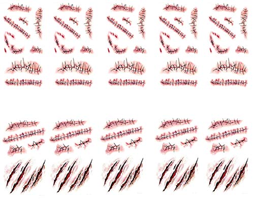 Yusongirl Halloween Realistic Fake Bloody Wound Stitch Scar Scab Waterproof Temporary Tattoo Sticker for Hallowmas Masquerade Prank Makeup Props 10 Sheets