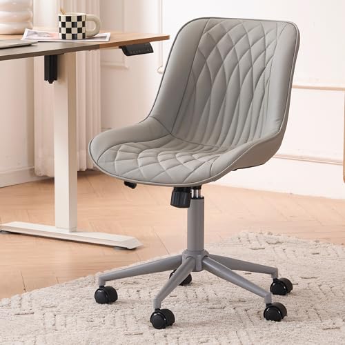 Image of YOUNIKE Faux Leather Office Desk Chair Comfy Vanity Chair Armless Grey | Ergonomic Upholstered Rocking Back, Swivel with Wheels, Height Adjustable, Modern Task Chair For Computer Sewing Drafting