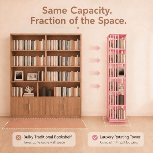 Image of Lauxery Rotating Bookshelf Tower, Pink, 6 Tier | 1200 lbs total capacity, 360 degree rotation, dual shelf heights, easy setup, for Small Space, Reading Corner