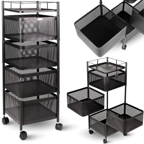 deluxe4home® Rollwagen Eckig mit 4 Ebenen I Gitterwagen Küchenwagen Schwarz I Aufbewahrungswagen...