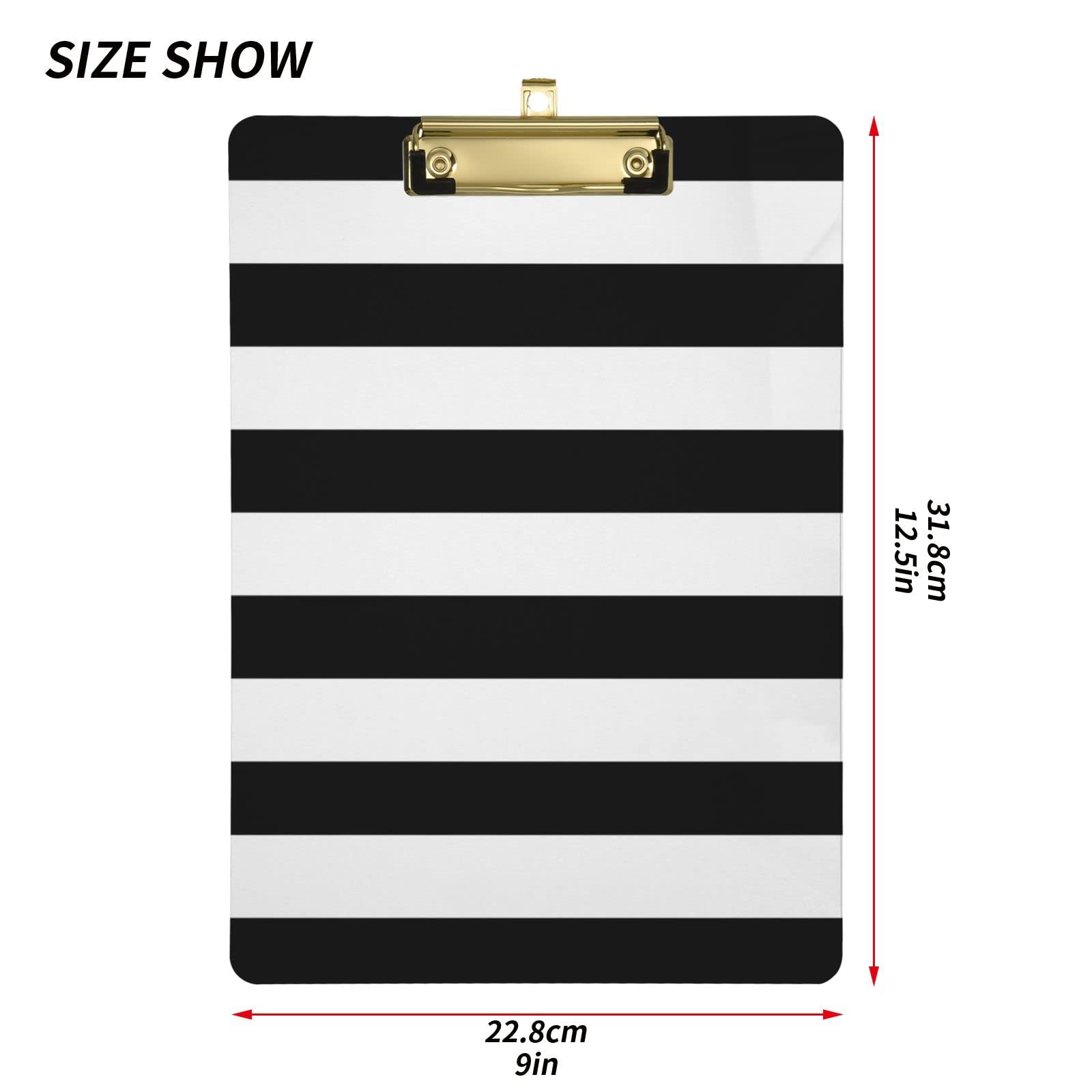 Czarno-białe paski schowek biuro szkoła pielęgniarstwo akrylowa tablica z klipsem do standardowego A4 rozmiar litery 23 cm x 31,8 cm ze złotym niskoprofilowym metalowym klipsem