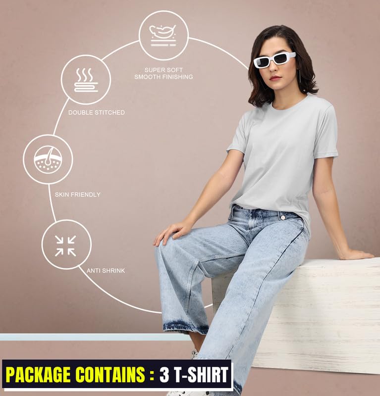 Image of Sleepynuts Women's S to 3XL Premium Half Sleeve Round Neck Plain Combed Cotton Tshirt Pack of 3 Loose Fit T-Shirts Combo