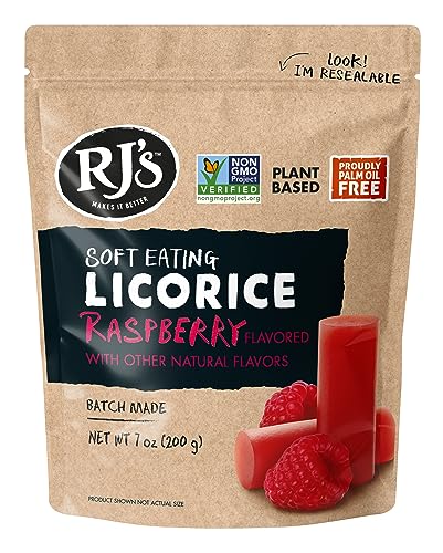 Soft Eating Raspberry Licorice - RJ's Licorice 7.05oz Bag - NON-GMO, NO HFCS, Vegetarian & Kosher - Batch Made in New Zealand
