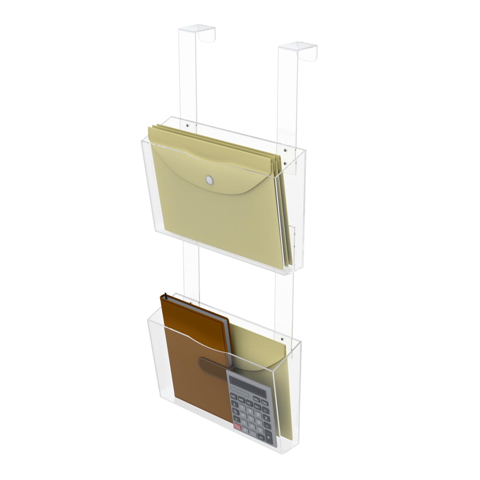 2 Tier Clear Acrylic Hanging File Organizer Over the Door with Hooks, 3mm Thickened Acrylic Folder Holder Organize Book Mail Paper Document Rack Storage Organization 2 Pockets for Office School Home