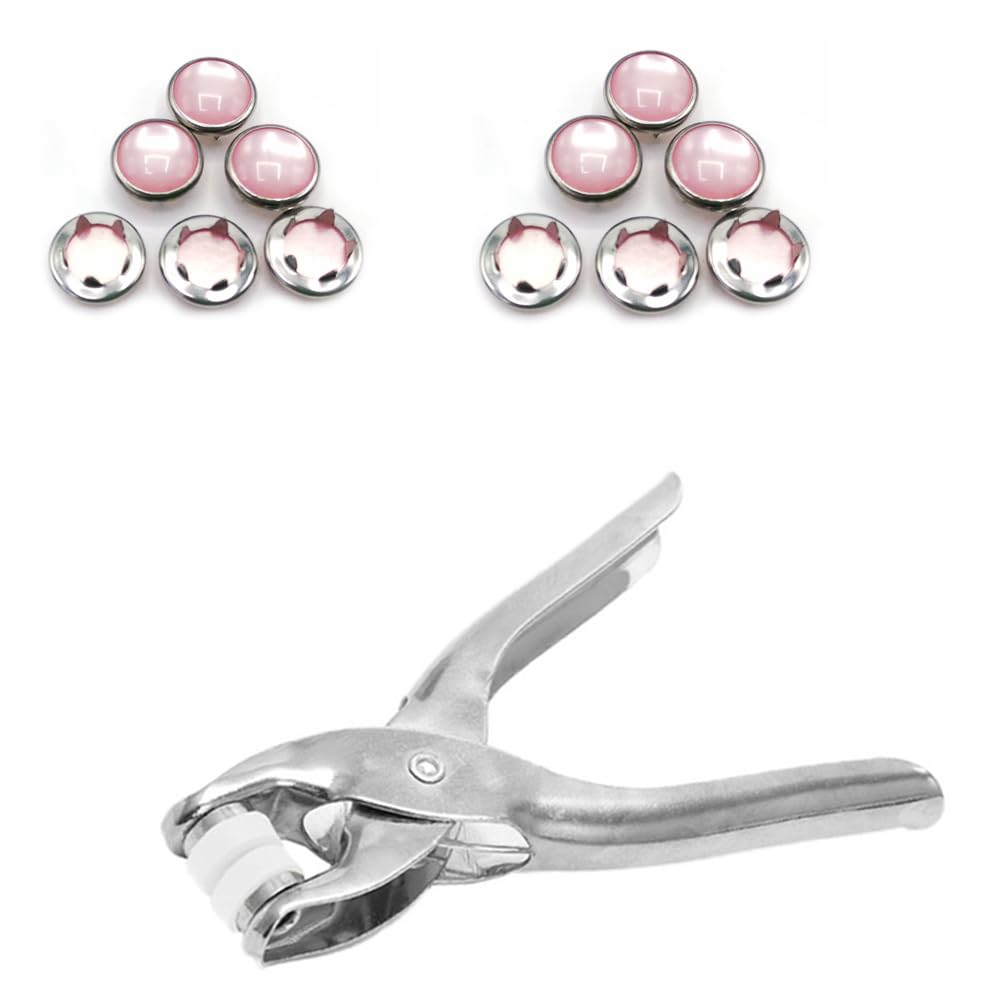 Pearl Snap Ring Button Set Pink (60pcs, 9.5mm / 16L) with Plier Tool | Stainless Steel Metal Prong Buttons for Baby Clothes, Jackets & DIY Sewing Accessories