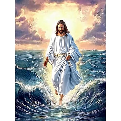 DIYDECORFUN Jesus Walk On Sea Diamond Painting Kits for Adults, 5D Jesus Christ Diamond Art Kits, Full Round Diamond Dots Painting with Numbers,Religious Christmas Beads Gem Art for Decor12x16Inches