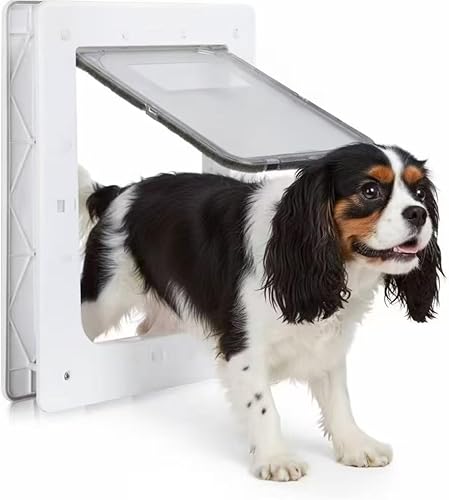 Puerta de plástico resistente a la intemperie para perros con panel de bloqueo seguro, puerta blanca duradera para mascotas de 6.5 x 9.25 pulgadas