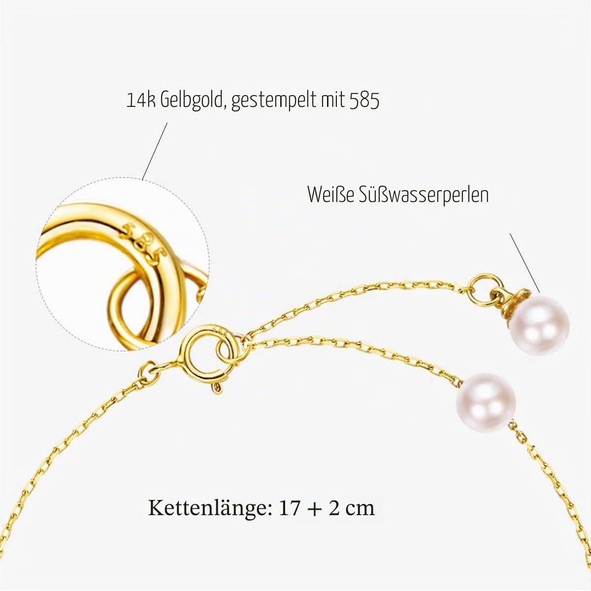 Armband für Damen aus Gold 585 mit Perlen aus Süßwasser 14 Karat Gold Armkette Perlenarmband Mädchen Armbandlänge 17+2 cm