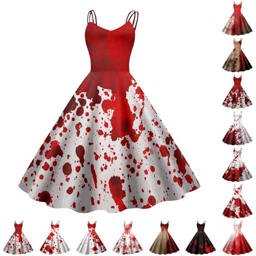 Vestido de Halloween Swing para Mujer Tallas Grandes Vestido de Fiesta Causal Sin Mangas Vintage Estampado Disfraces Adultos Originales Disfraz Medievales Princesa Reina Bruja