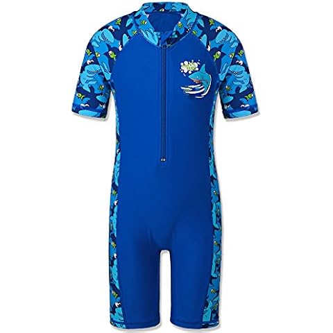 HUAANIUE Boys Swimming Short Sleeve Swimsuit 3-12Y Kids One Piece Swimwear Navy Sun Protection 50+ Swim Clothes UPF Warm Sportwear Costume Summer Surfing Cover