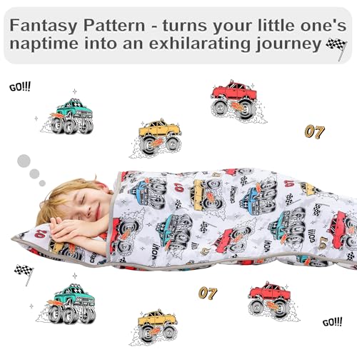 Image of Viviland Toddler Nap Mat with Pillow and Minky Blanket,Rolled Large Sleeping Mat for Boys, Kids Slumber Bag Nap Mat for Preschool, Daycare, Kindergarten, Travel Camping - Monster Truck