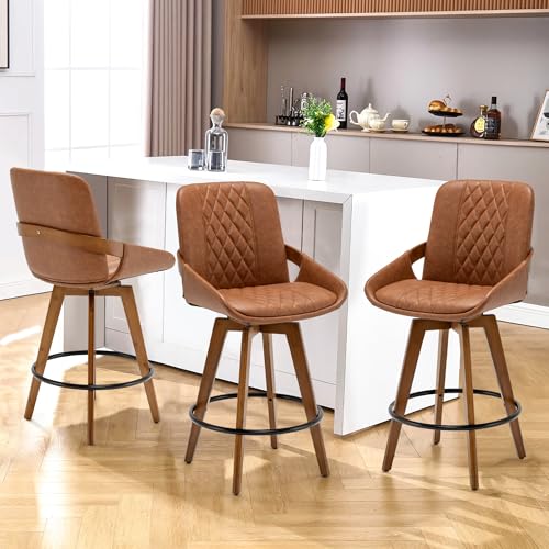 Image of Bar Stools Set of 3, 29.5 Inch Mid Century Modern Retro Swivel Bar Stools, Furniture with Curved Back, Faux Leather Upholstered and Walnut Wood Frame for Bar /Pub /Island (Brown, 29.5 inch-3 PCS)