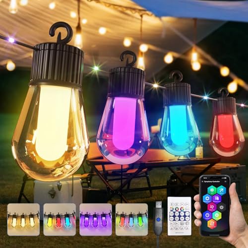 Traumheim 15M LED Lichterkette Außen IP 65 Wasserdicht Bunt Strom 20 RGB S14 Glühbirne Smart App mit 99+ Modi und Timer für Terrasse Hinterhof Party Hochzeit Garten Balkon (USB)