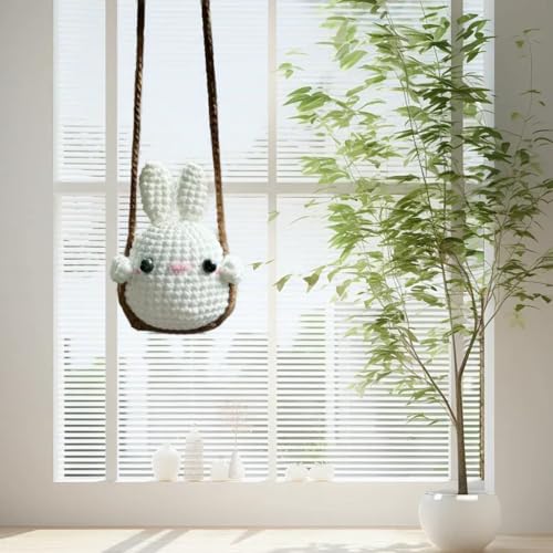 Image of Crochet Swinging Bunny Car Mirror Hanging Accessories, Cute Car Decorations for Women Aesthetic, Handmade Knitted Rearview Mirror Car Accessories Home Office Car Mirror Decor