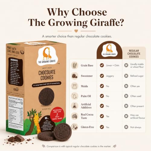 Image of The Growing Giraffe Whole Grain Chocolate Cookies- No Refined Sugar, No Maida, No Artificial Additives, No palm oil, Healthy Biscuits with jaggery and butter for Kids & Grown-Up Adults- Pack of 2
