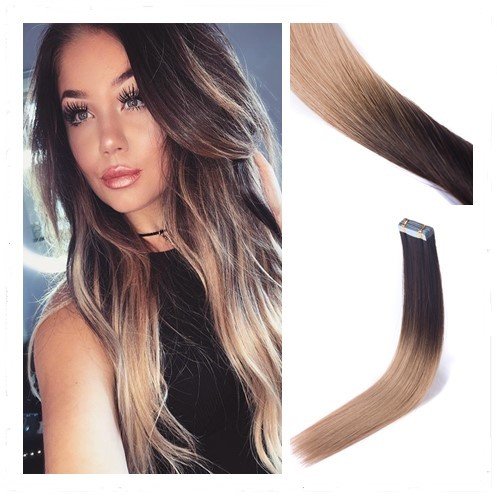 Rinboool Ombre Tape In Hair Extensions High End 16 Inch 40g,100 Real Natural Remy Human Hair,Seamless Pu Skin Weft,2 Tone #2 Dark Brown Rooted To #18 Dirty Blonde,20Pcs/Pack(16’’ 40g #2/18)